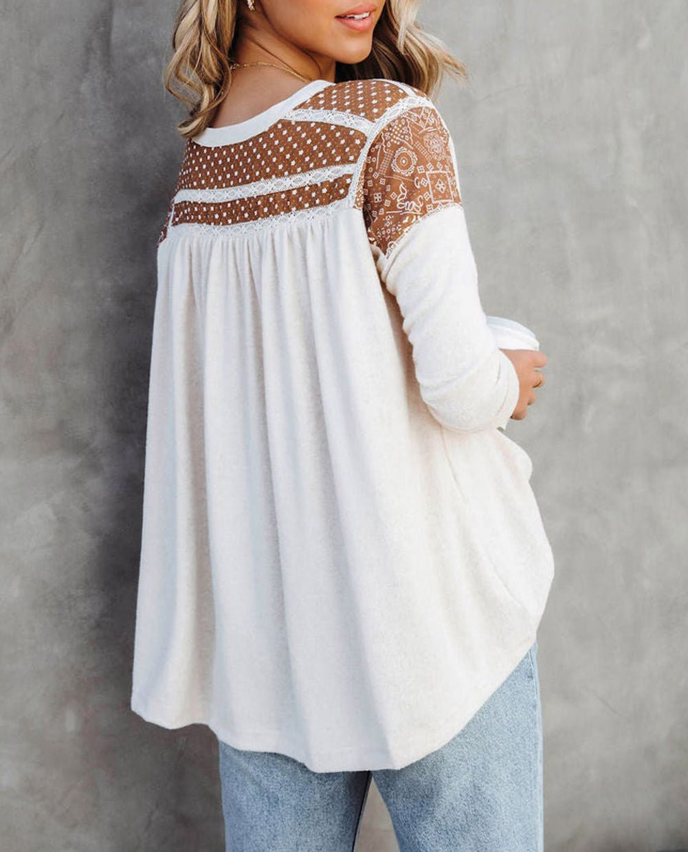 Contrast Crochet Lace Henley Top
