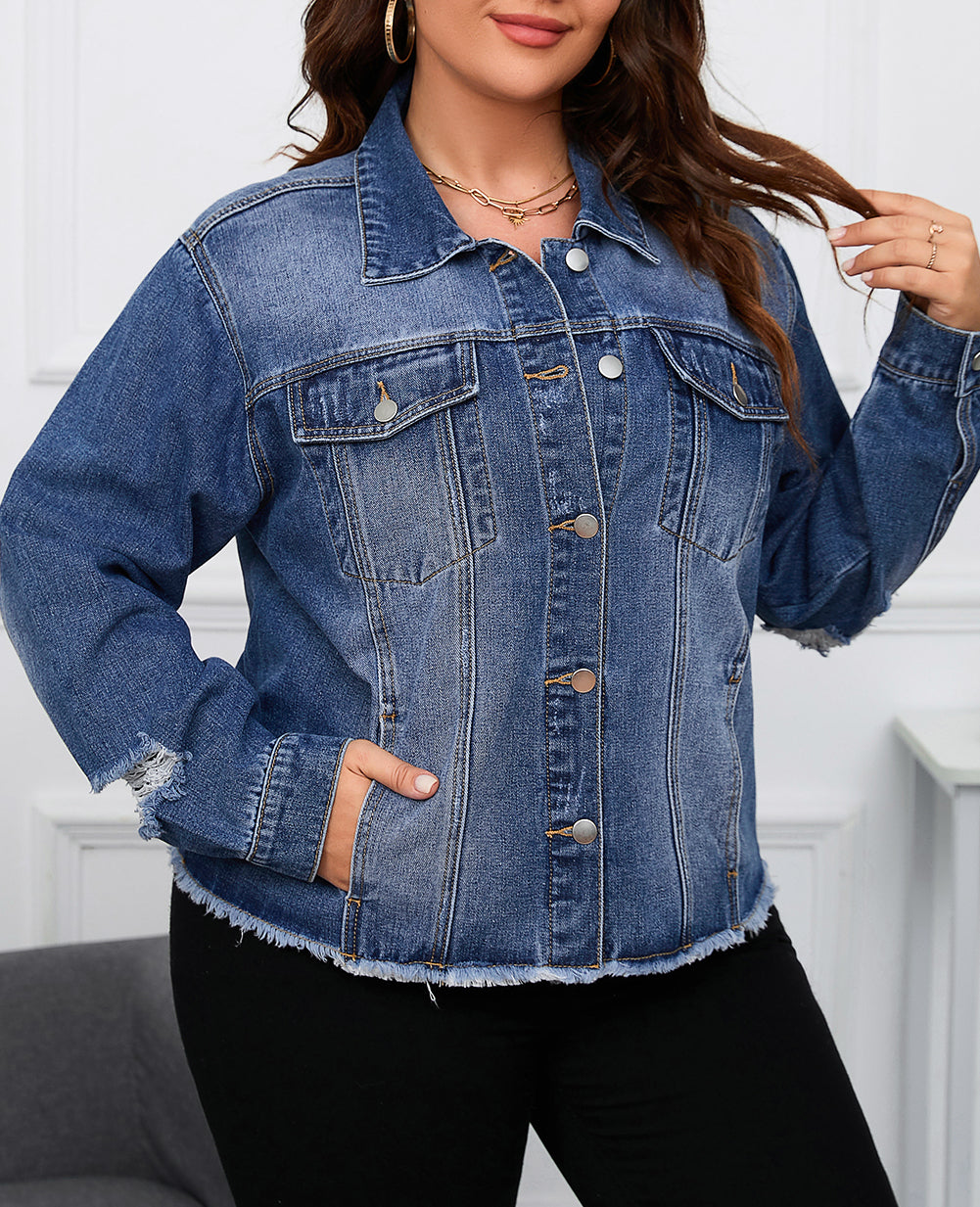 Plus Size Distressed Flap Pocket Denim Jacket