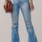 High Waist Button Front Ripped Flare Jeans