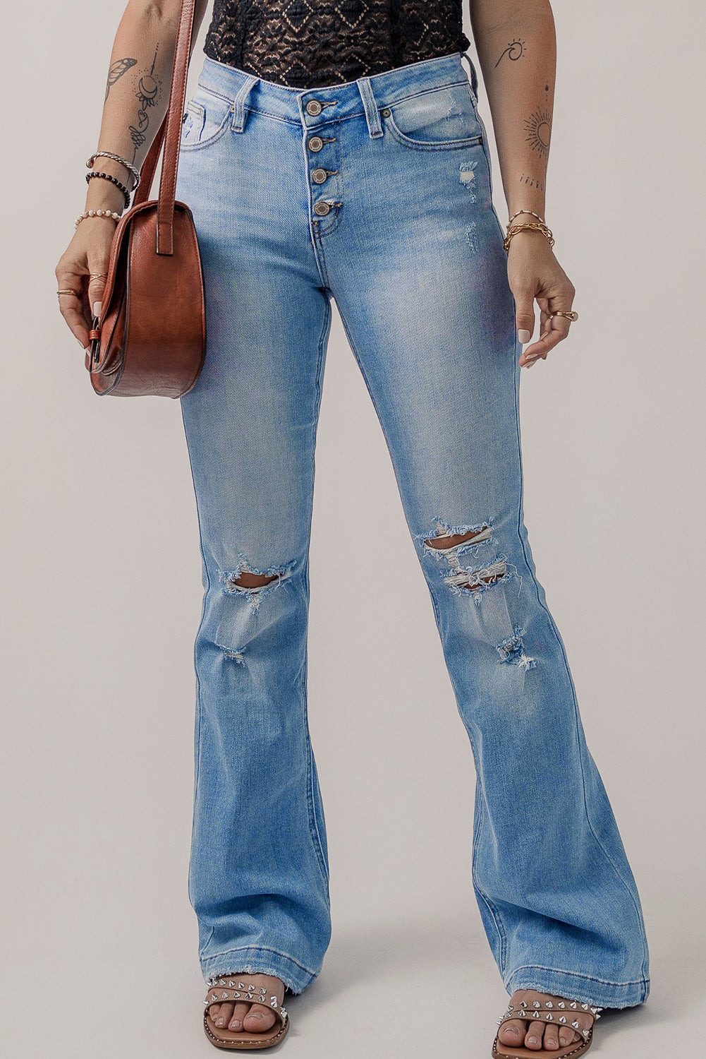 High Waist Button Front Ripped Flare Jeans