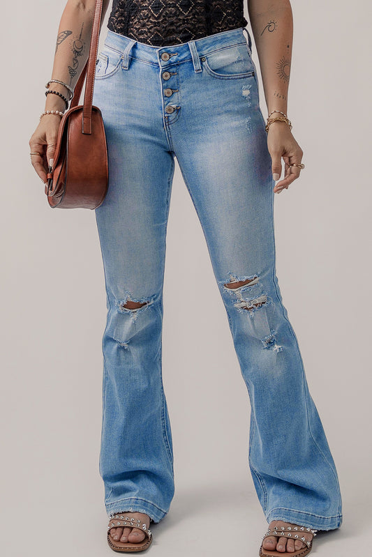 High Waist Button Front Ripped Flare Jeans