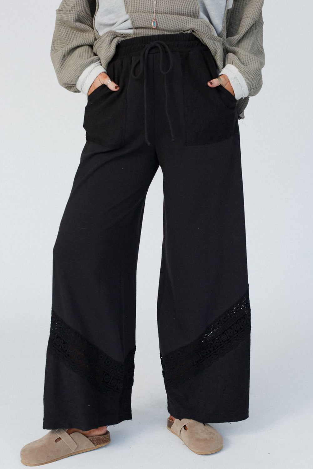 Lace Crochet Patched Lace-up High Waist Wide Leg Pants