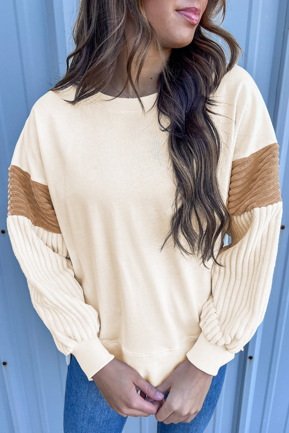 Corduroy Patchwork Drop Shoulder Long Sleeve Sweatshirt