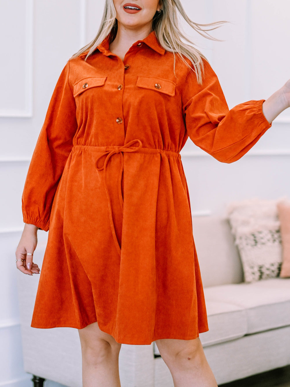 Plus Size High Waist Corduroy Dress