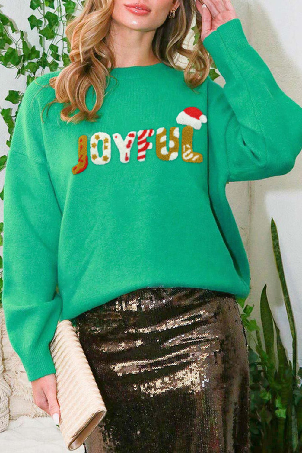 Sequined JOYFUL Graphic Christmas Sweater
