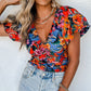 Floral Print Puff Sleeve Ruched V Neck Blouse