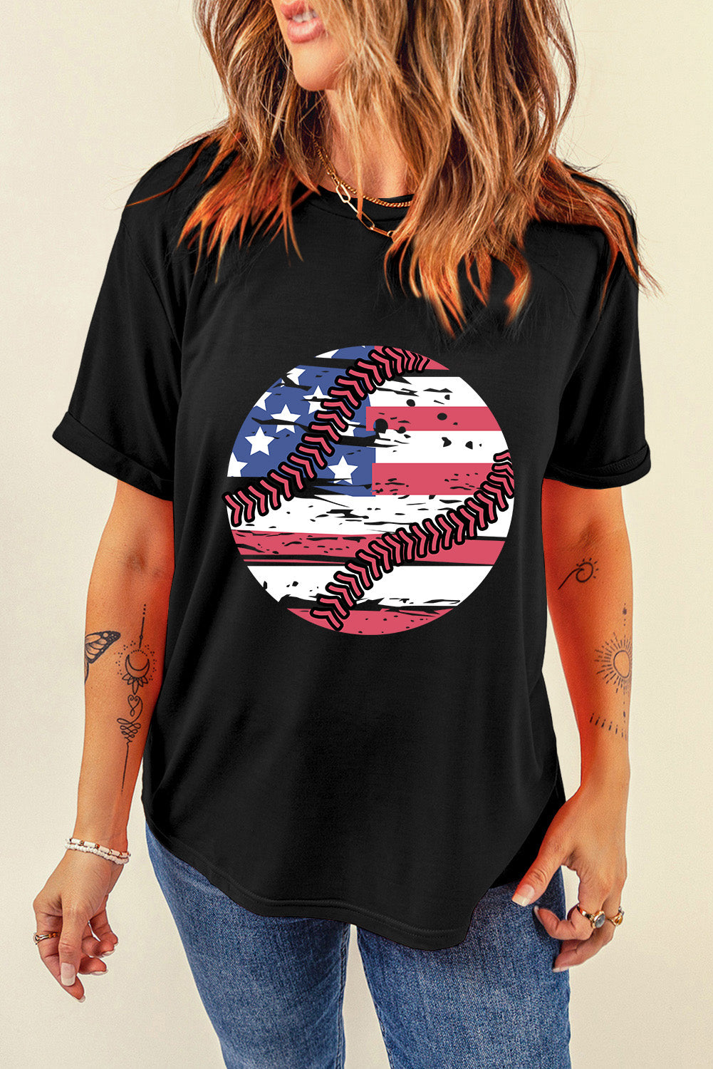 American Flag Baseball Graphic Crewneck T Shirt