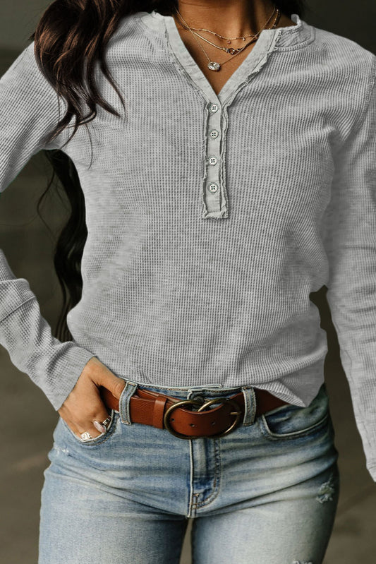 Trimmed Henley Neckline Waffle Knit Long Sleeve Top