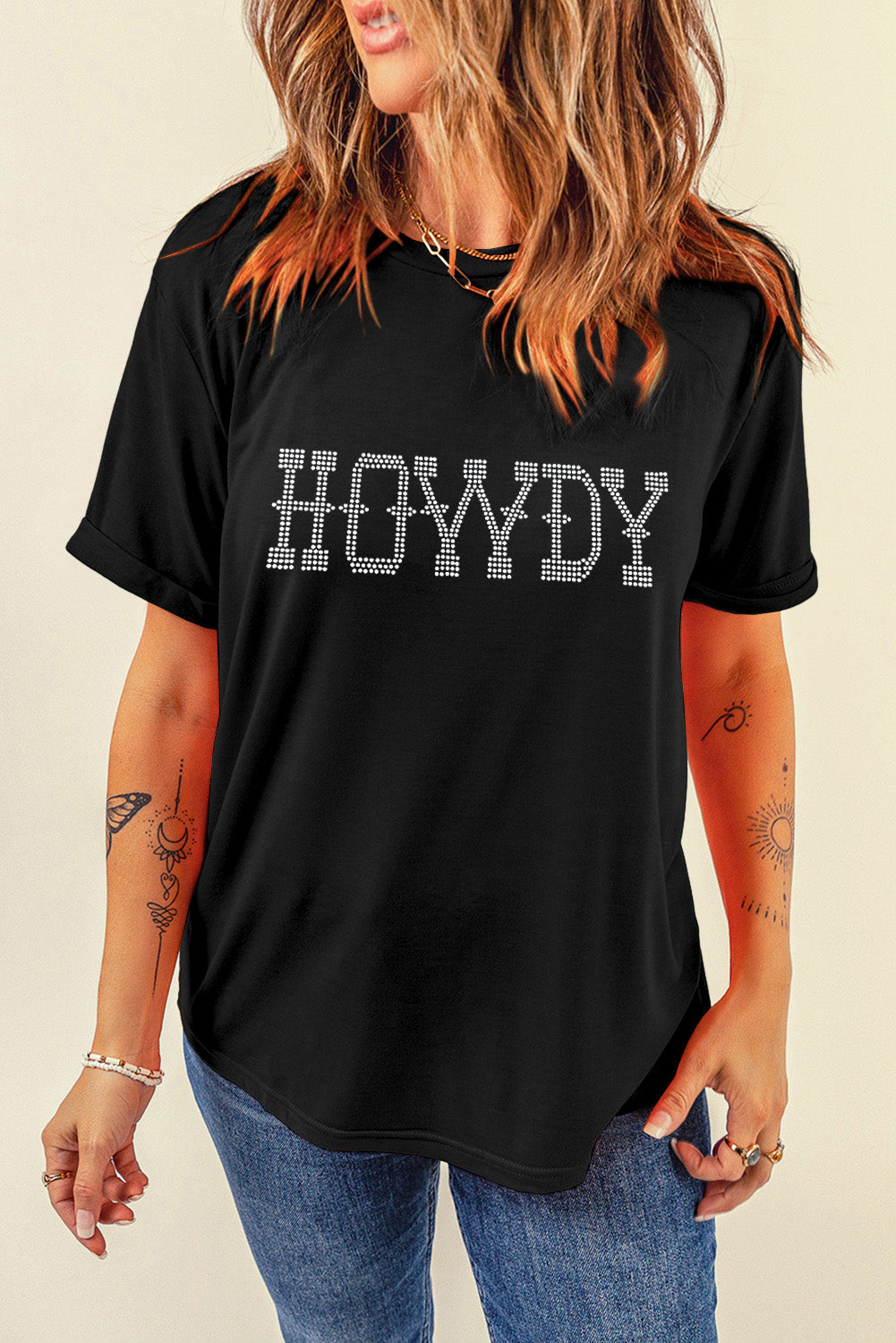 HOWDY Rhinestone Slim Fit Crew Neck T Shirt