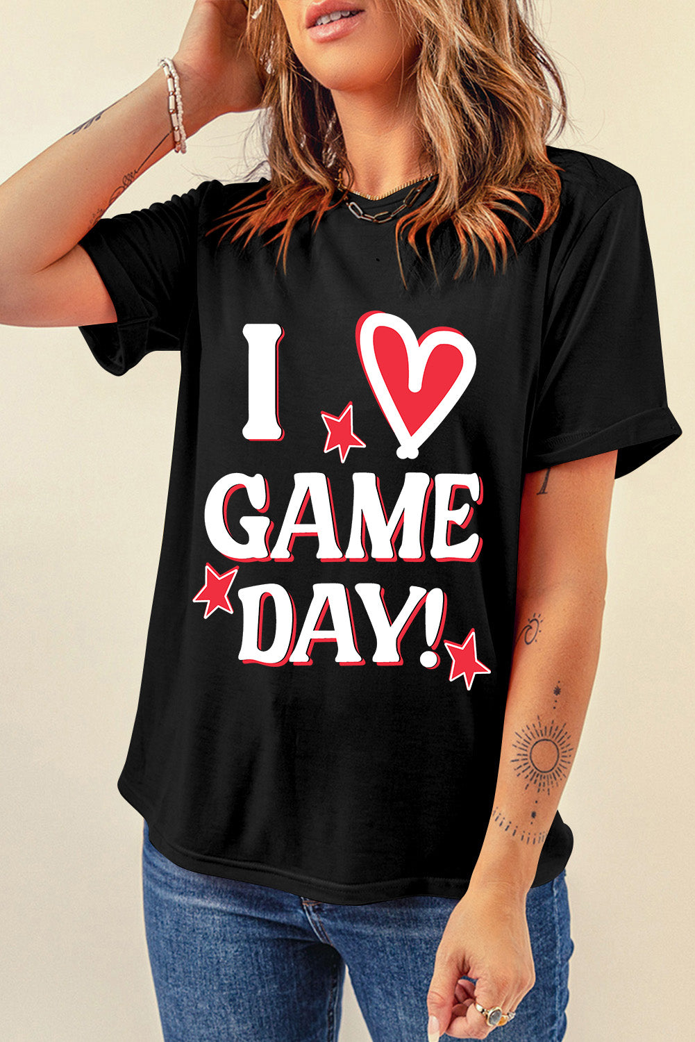 I Love GAME DAY Heart Printed Crewneck T Shirt