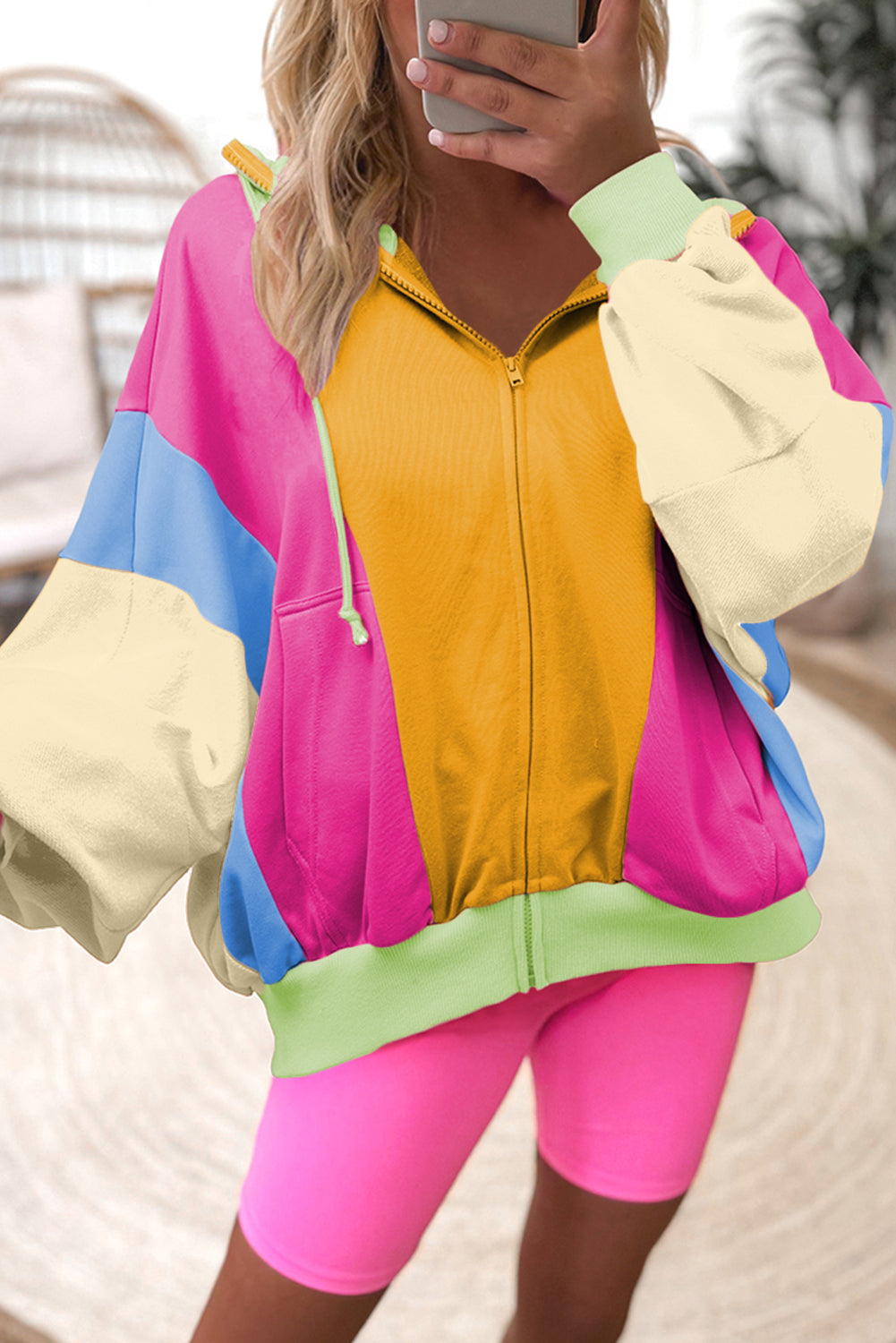 Oversized Colorblock Patchwork Full Zipped Hoodie