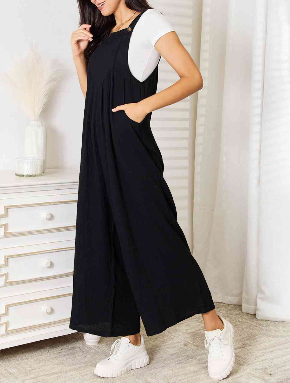Buttoned Straps Crinkled Wide Leg Pocketed Overalls