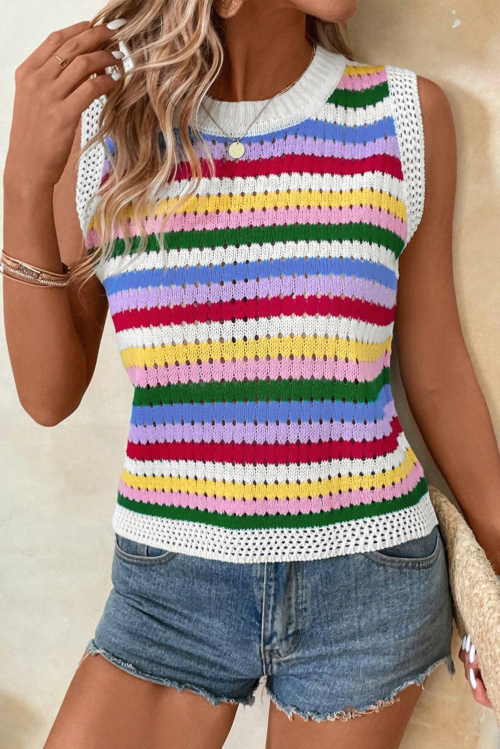 Striped Knitted Eyelet Slim Sweater Vest