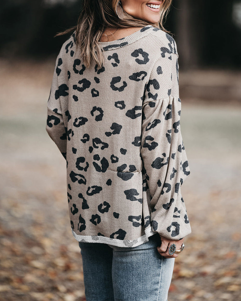 Printed Leopard Balloon Sleeve Thermal Knit Plus Size Top