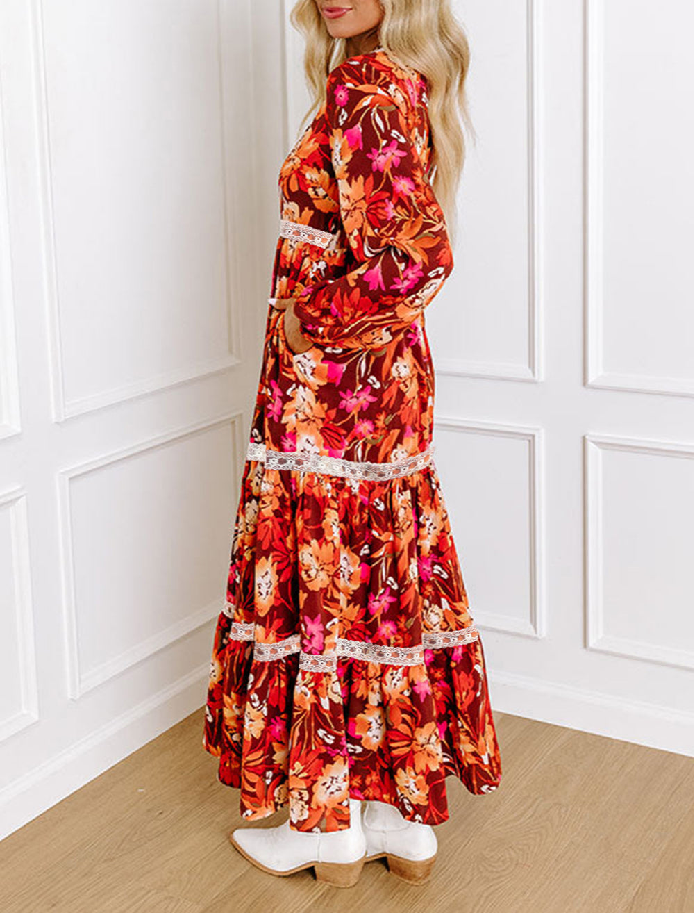 Floral Print Lace Trim Patched V Neck Maxi Dress