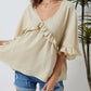 V Neck Draped Batwing Sleeve Ruffle Top