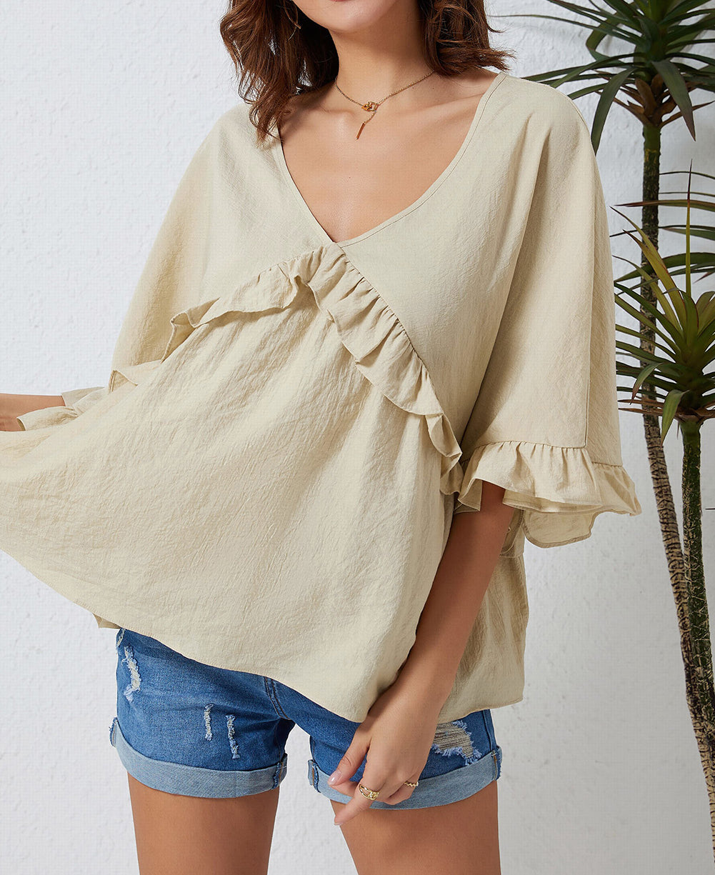 V Neck Draped Batwing Sleeve Ruffle Top