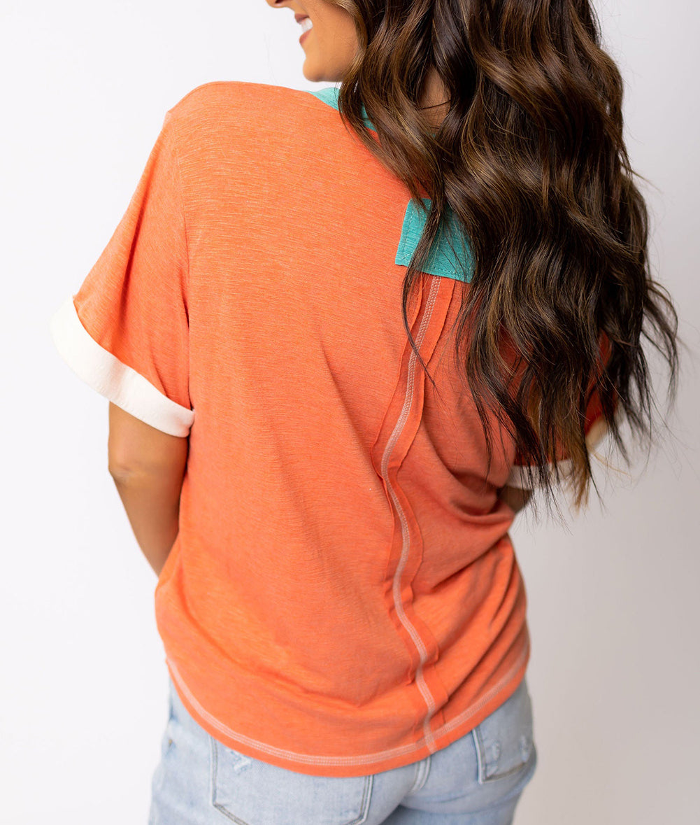 Contrast Trim Exposed Seam V Neck T-shirt