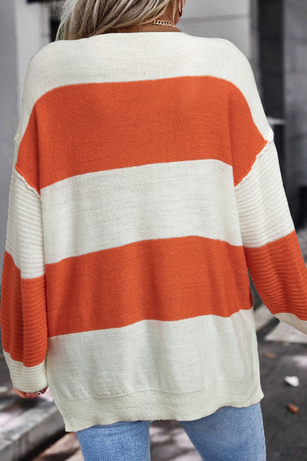 Stripe Loose Color Block Drop Shoulder Bubble Sleeve Sweater