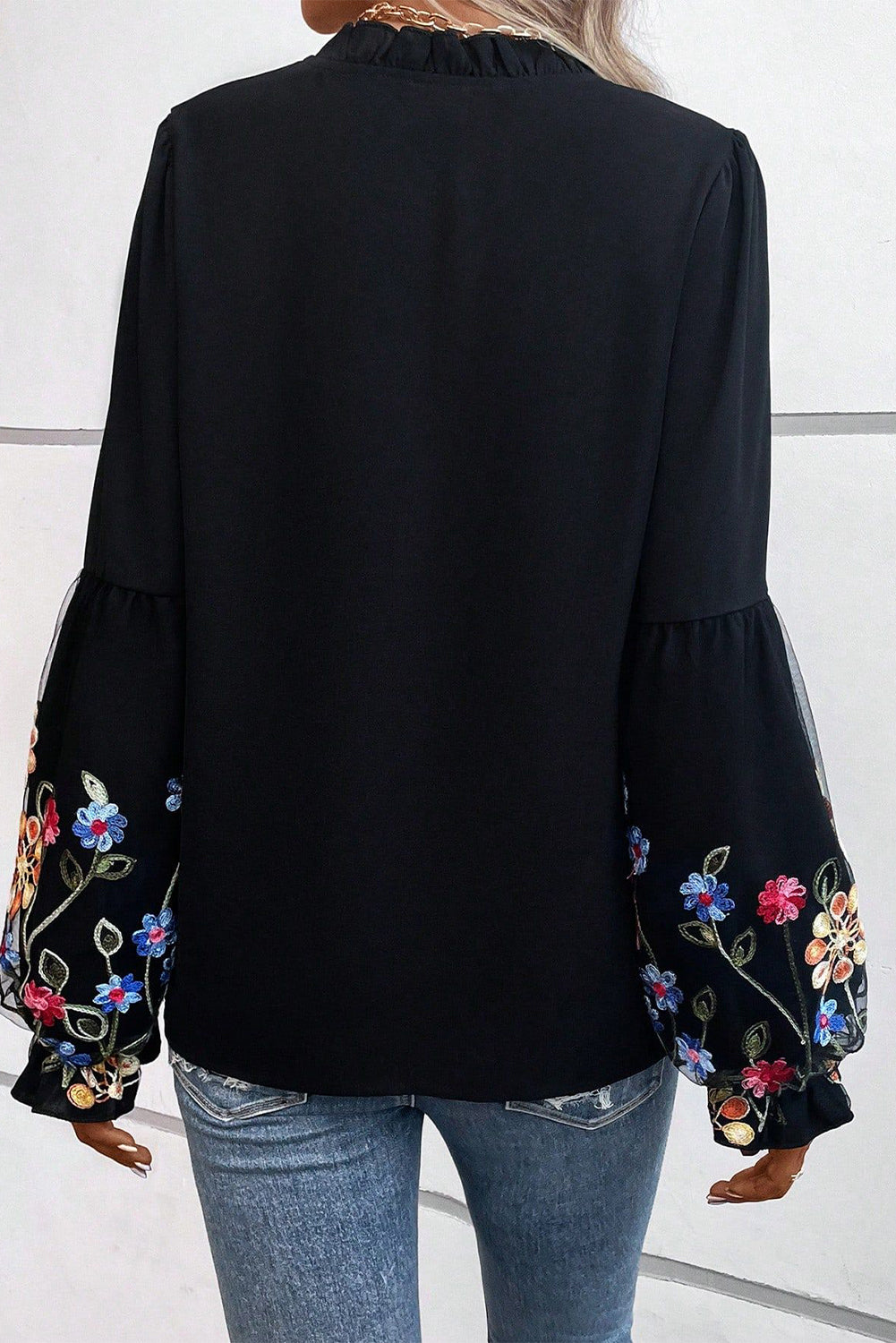 Floral Patched Flounce Sleeve Split Neck Blouse