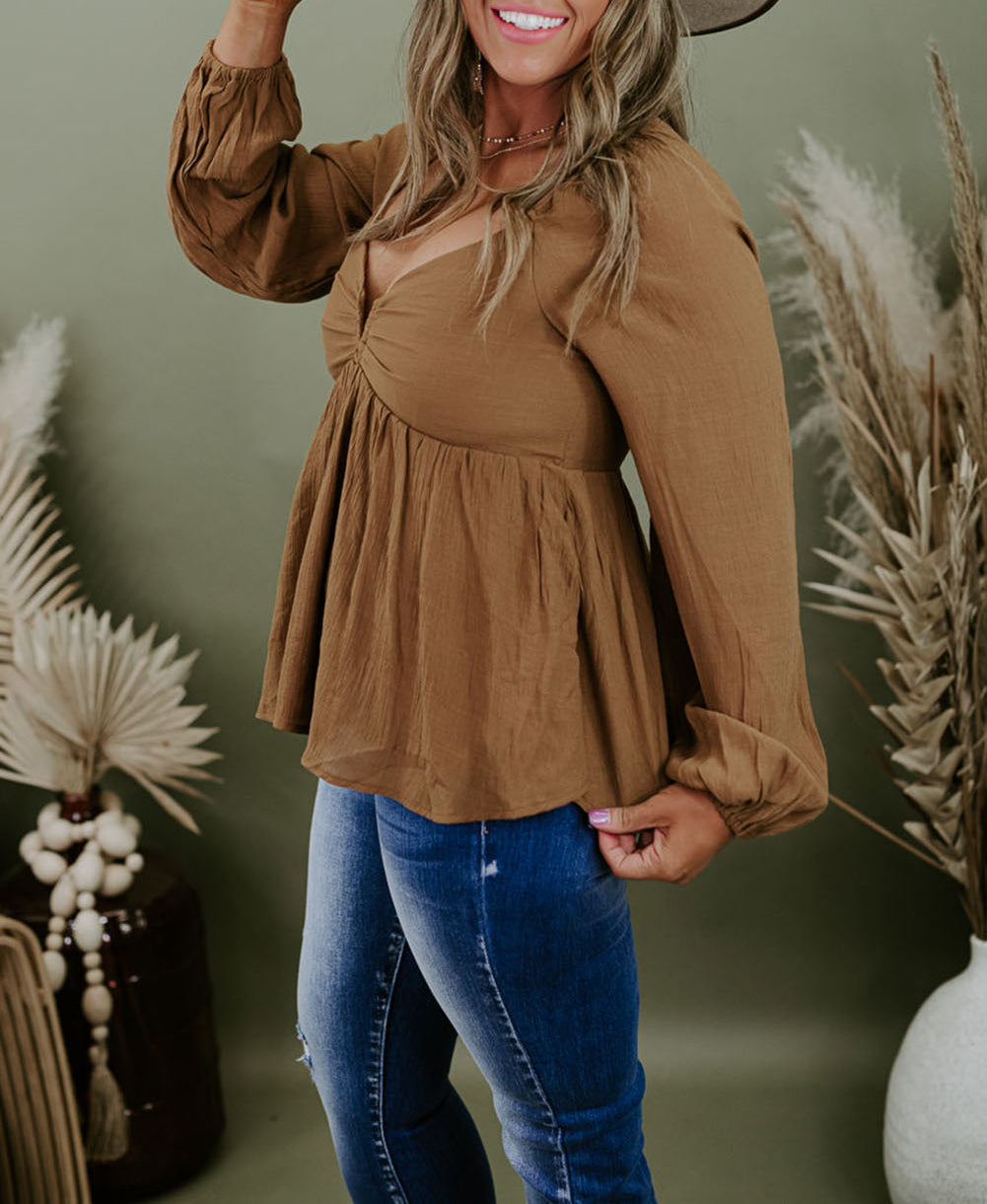 Plus Size Sweetheart Neck Long Sleeve Peplum Blouse