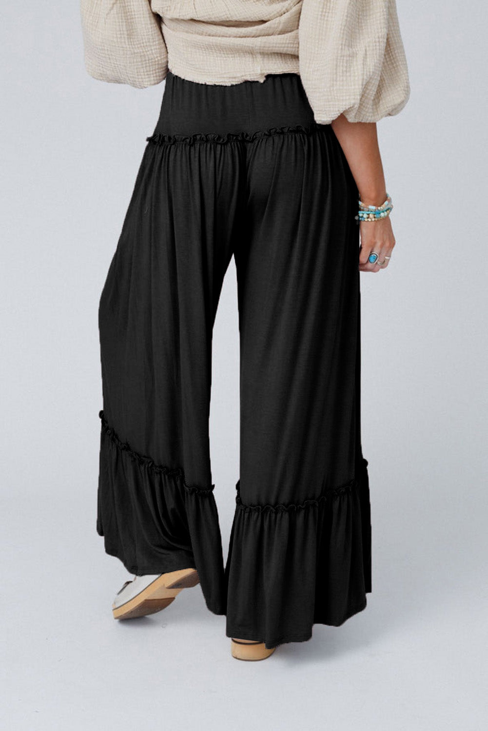 Frilled Drawstring High Waist Wide Leg Pants