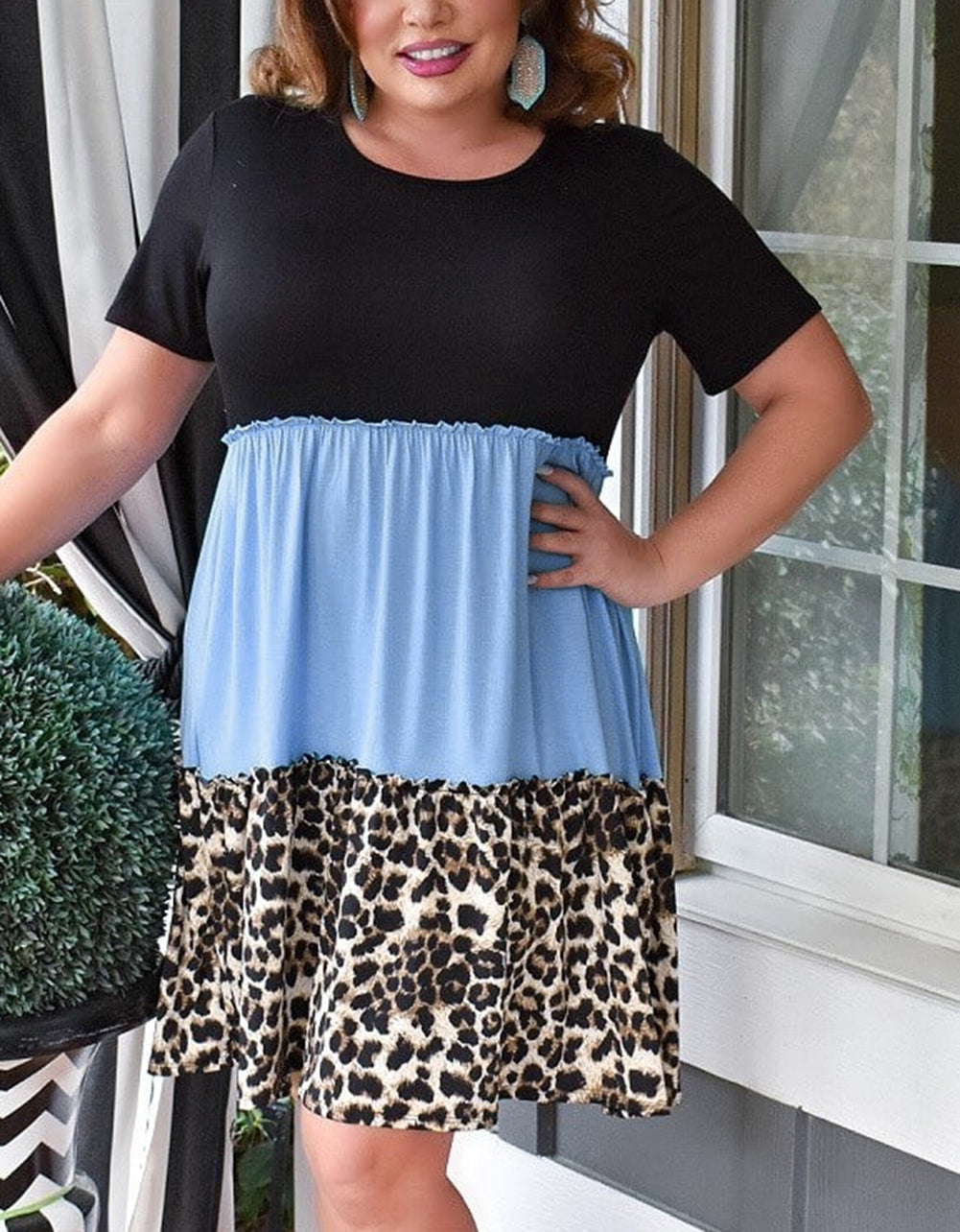 Colorblock Leopard Patchwork T Shirt Plus Size Dress