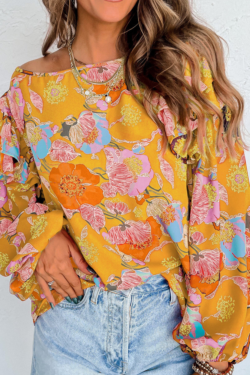 Floral Print Ruffle Puff Sleeve Blouse