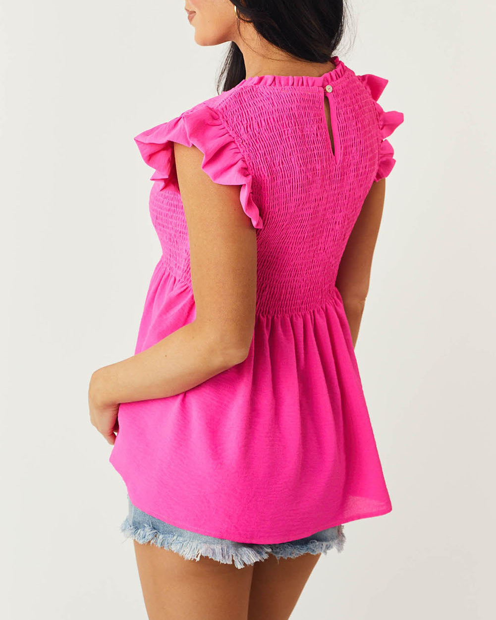 Smocked Ruffle Flutter Sleeve Peplum Blouse
