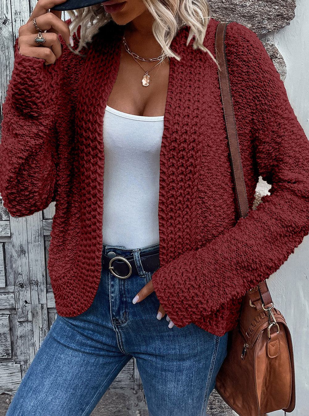 Popcorn Knit Open Front Cardigan
