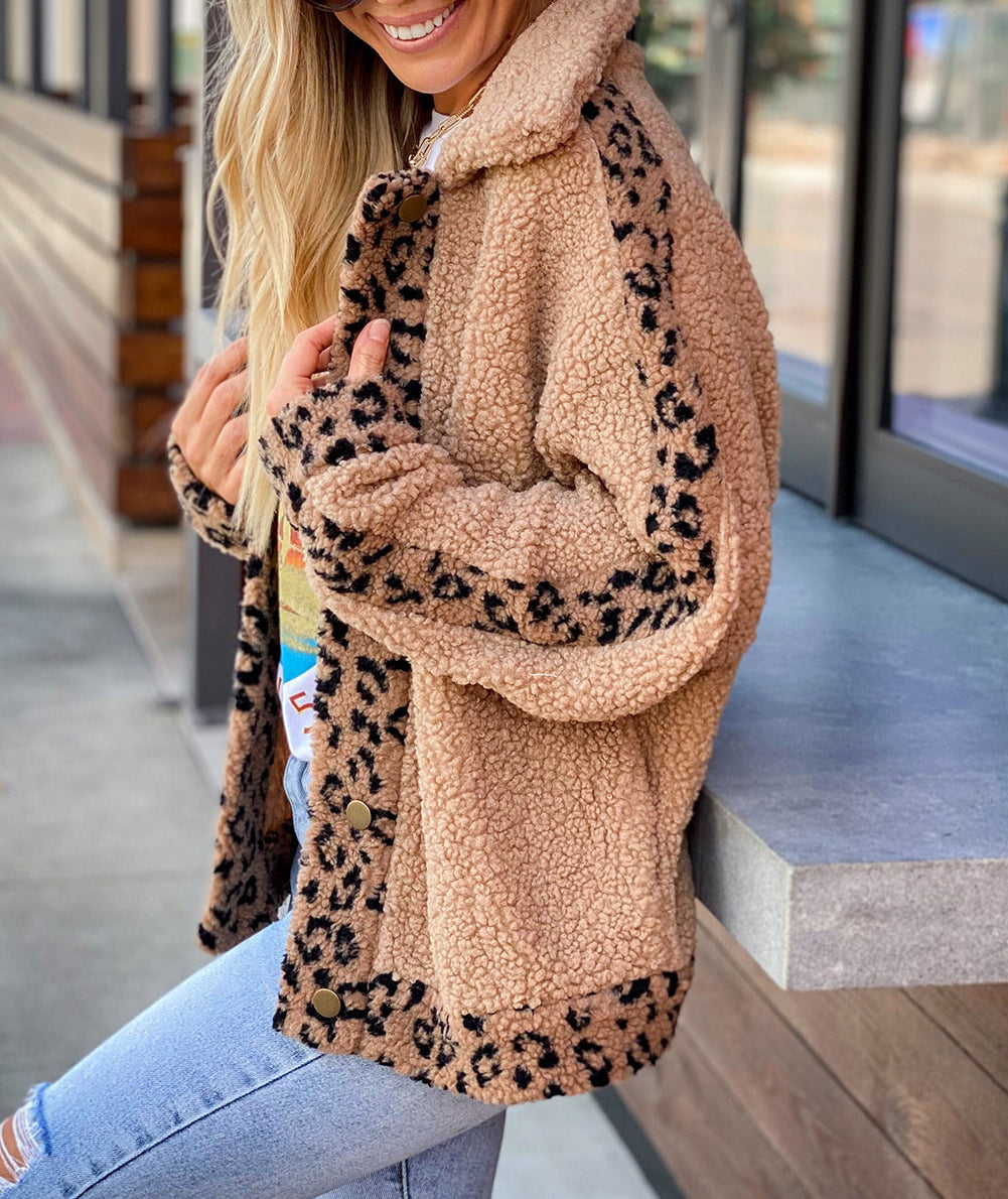Leopard Contrast Lapel Collar Sherpa Coat