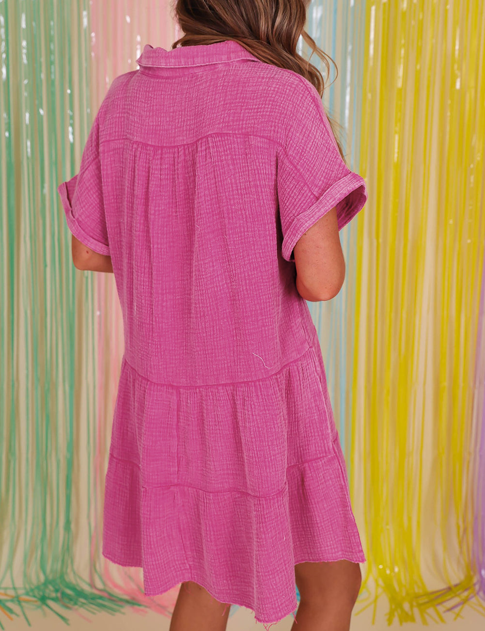 Mineral Wash Crinkle Split Neck Raw Hem Tiered Dress