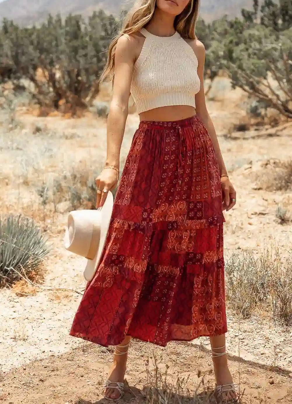Bohemian Mix Print Long Flared Skirt