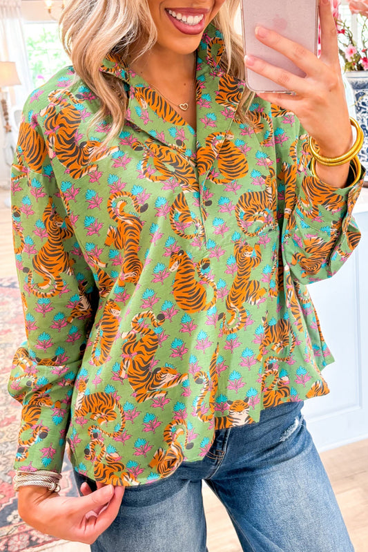 Tiger Floral Printed Collared V Neck Casual Shirt