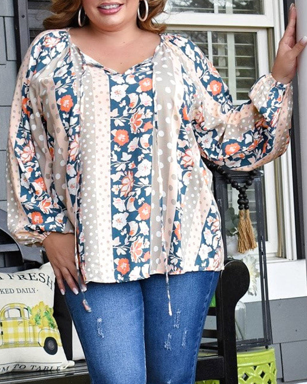 Plus Size Mixed Print Split Neck Blouse