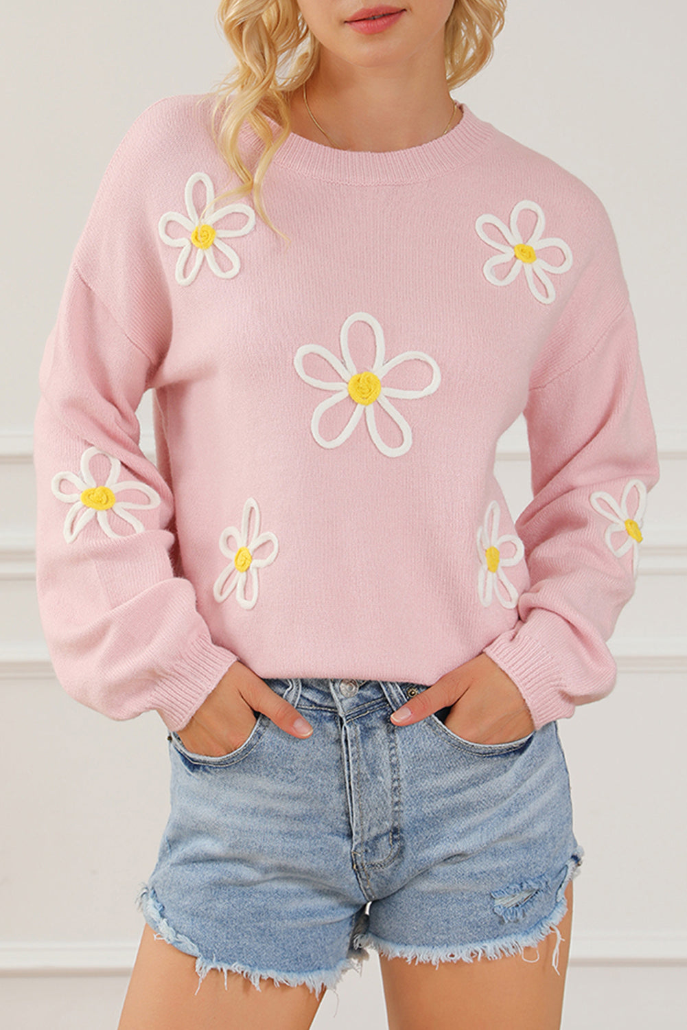 Chenille Daisy Stitching Crew Neck Sweater