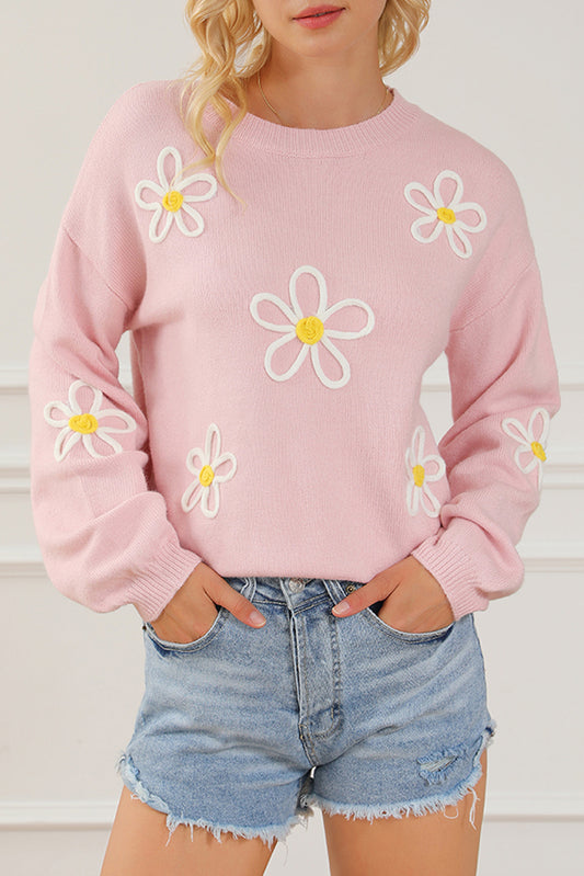 Chenille Daisy Stitching Crew Neck Sweater