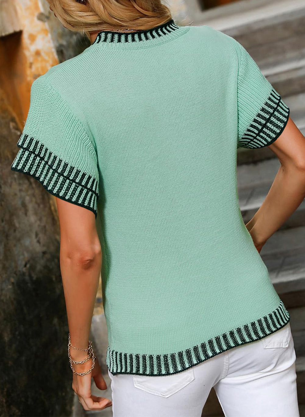 Contrast Trim Round Neck Batwing Sleeve Knitted Top