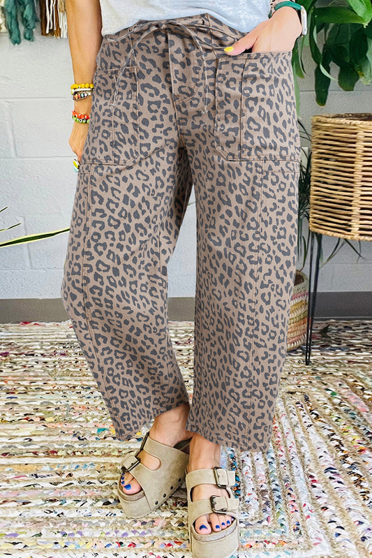 Leopard Printed Drawstring Waist Pocketed Wide Leg Jeans