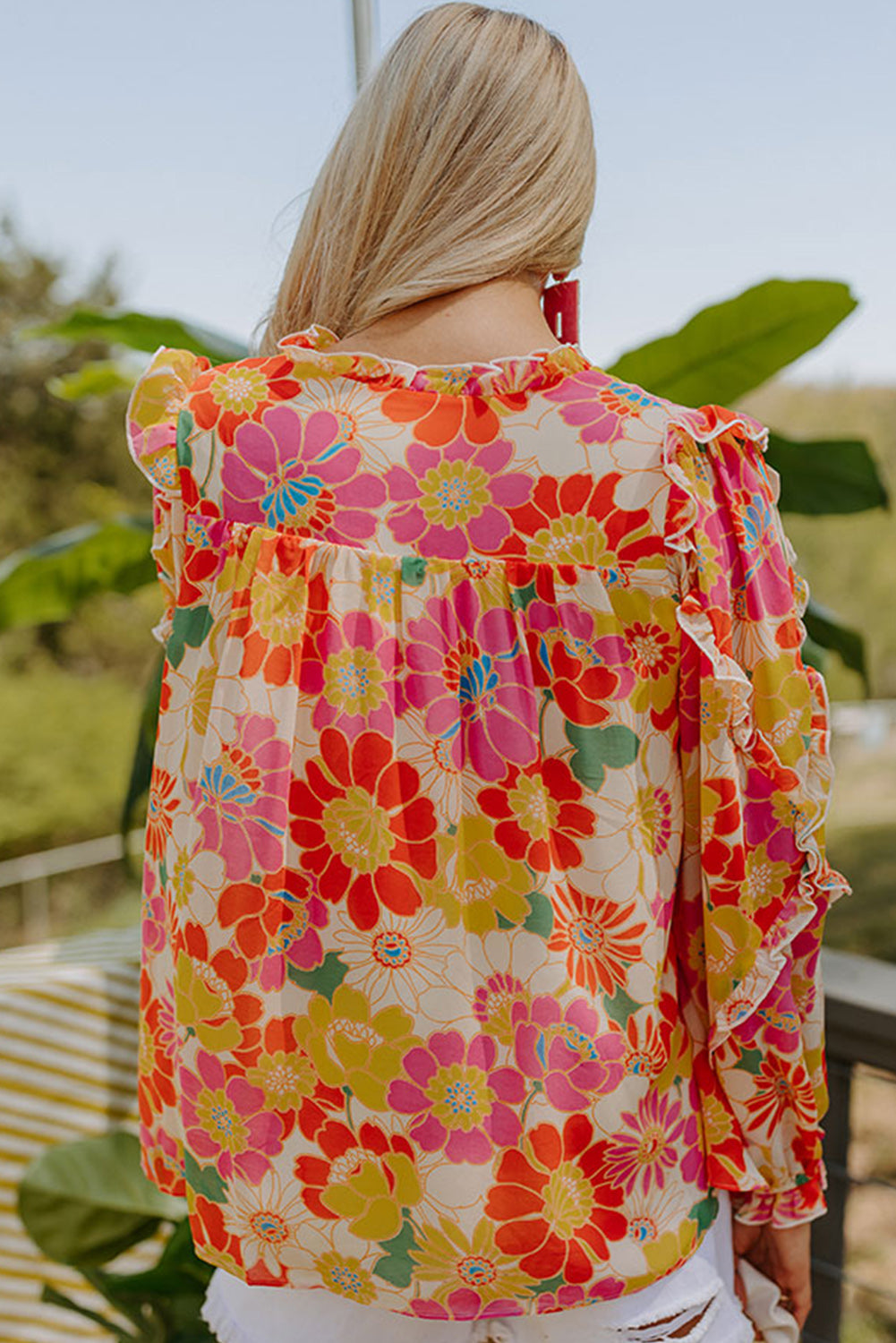 Floral Print Frilled Long Puff Sleeve Blouse