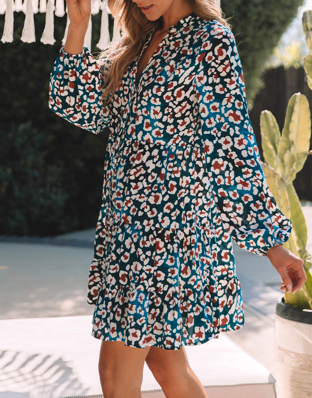 Leopard Print Bubble Sleeve Ruffled Shirt Dress