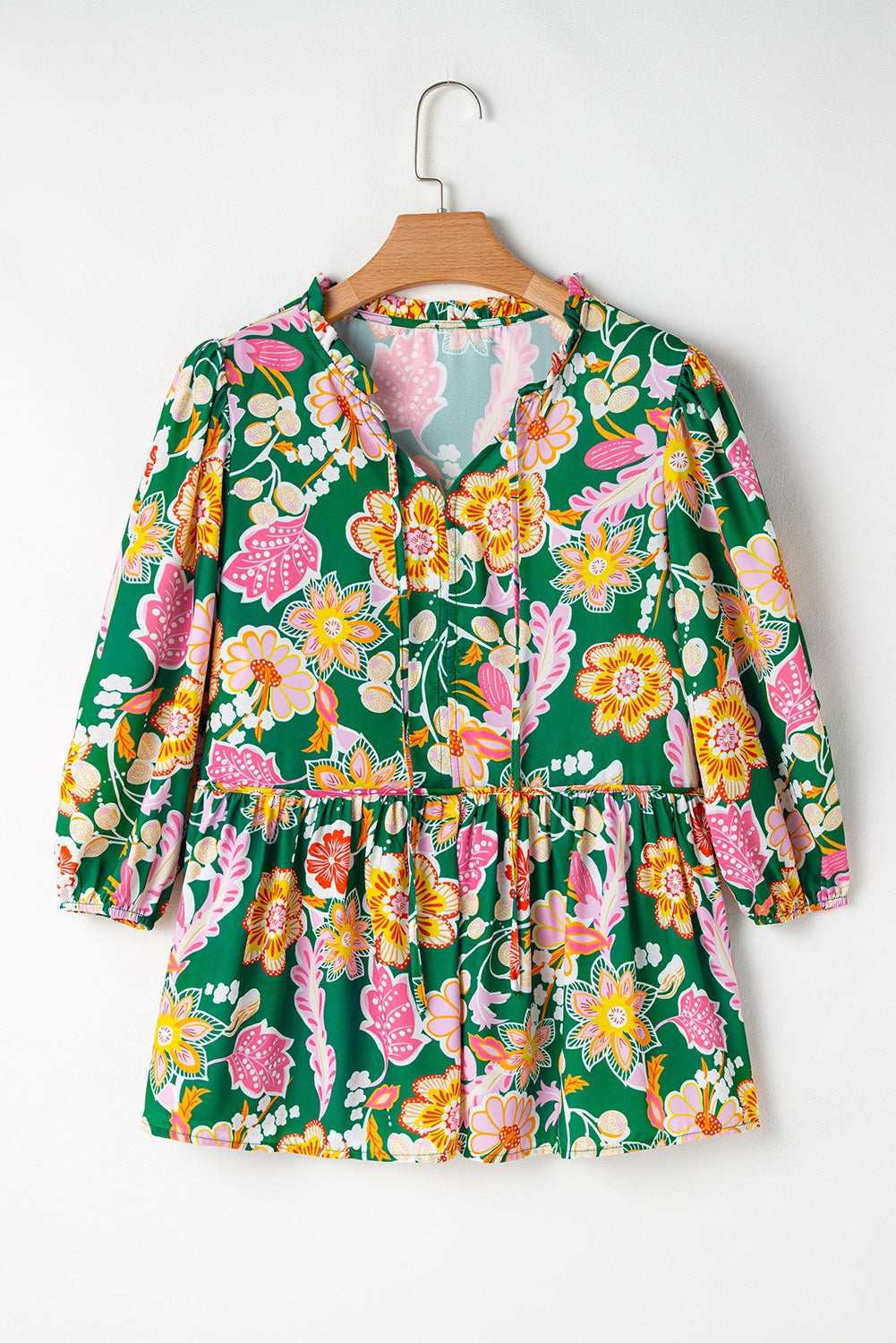 Floral Puff Sleeve V Neck Peplum Blouse