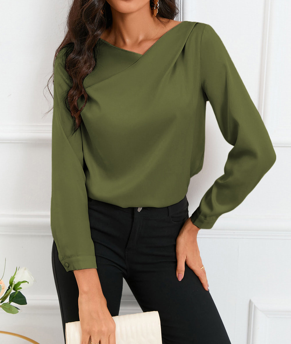 Solid Asymmetric V Neck Long Sleeve Satin Blouse
