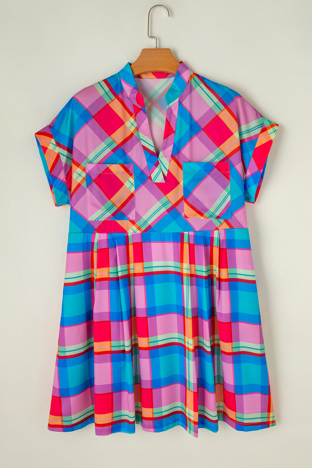 Multicolor Plaid Short Sleeve Babydoll Mini Dress