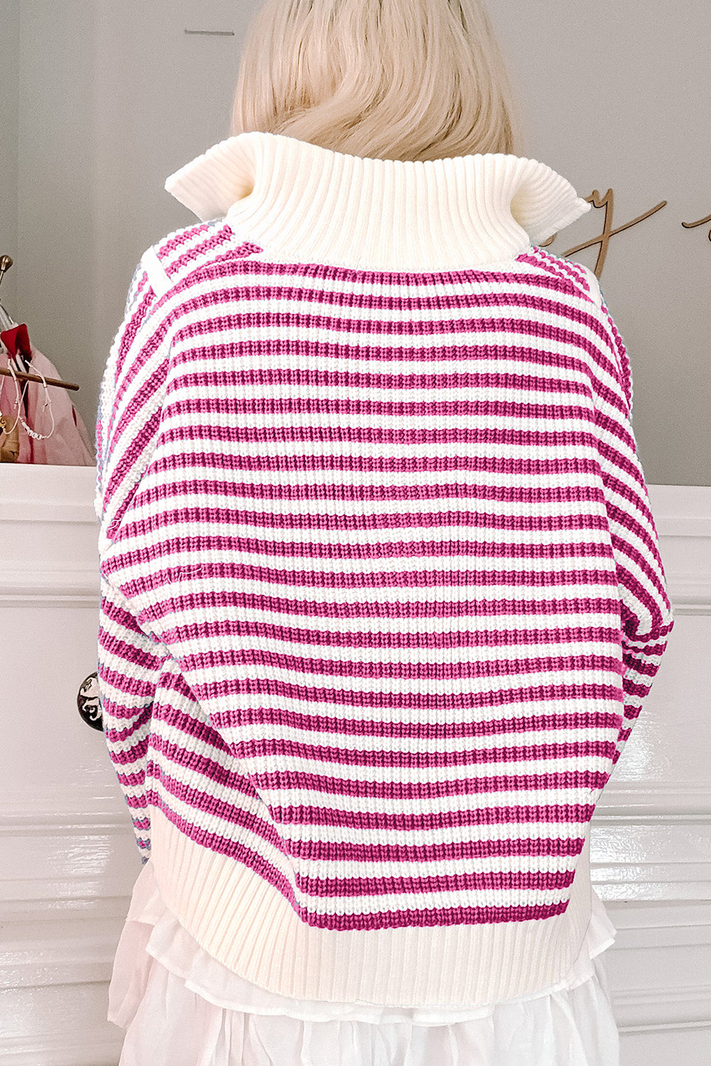 Stripe Zip up Collar Drop Shoulder Sweater