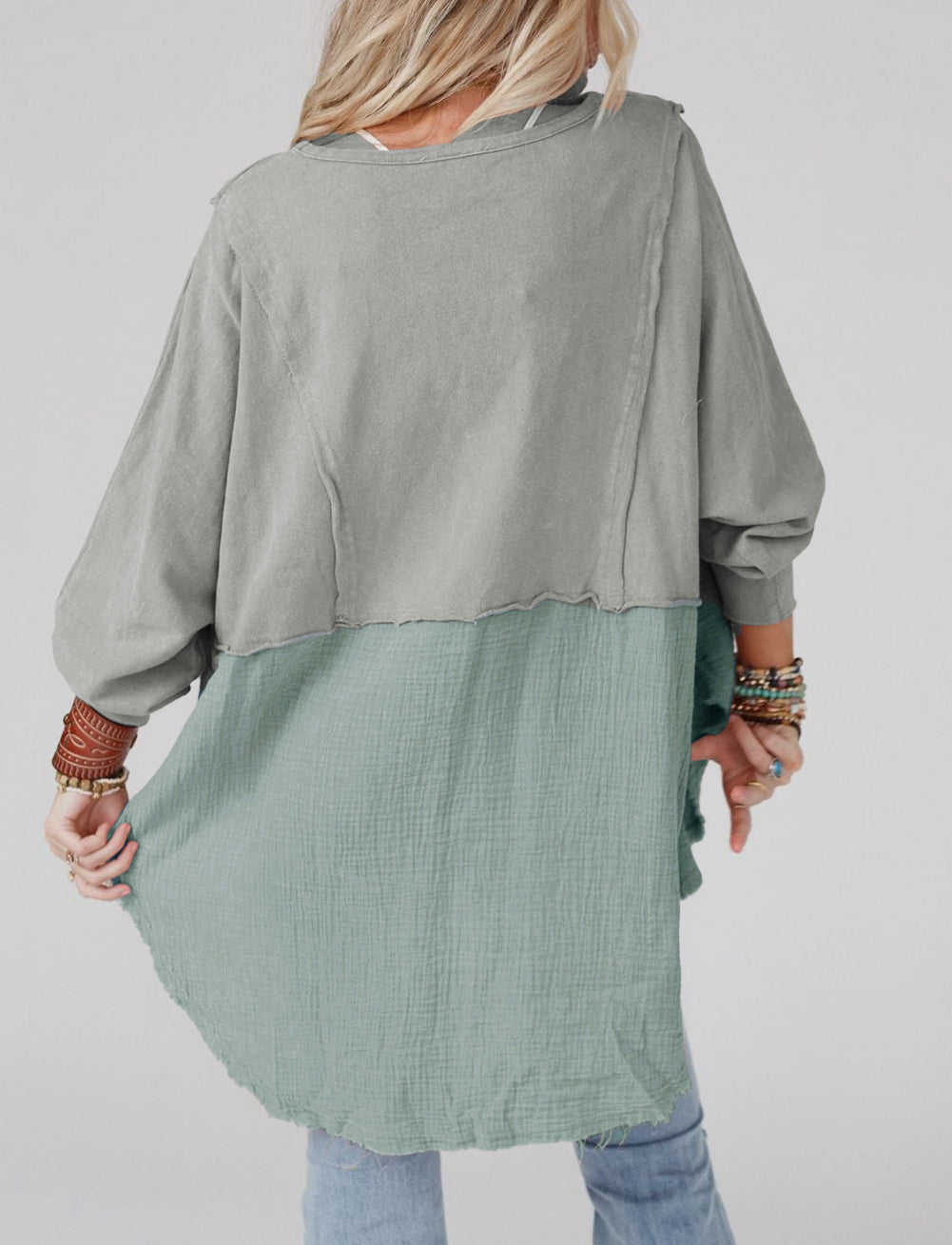 Crinkle Splicing Raw Hem High Low Oversized Blouse