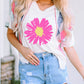 Daisy Printed Striped Colorblock Sleeve V Neck T Shirt