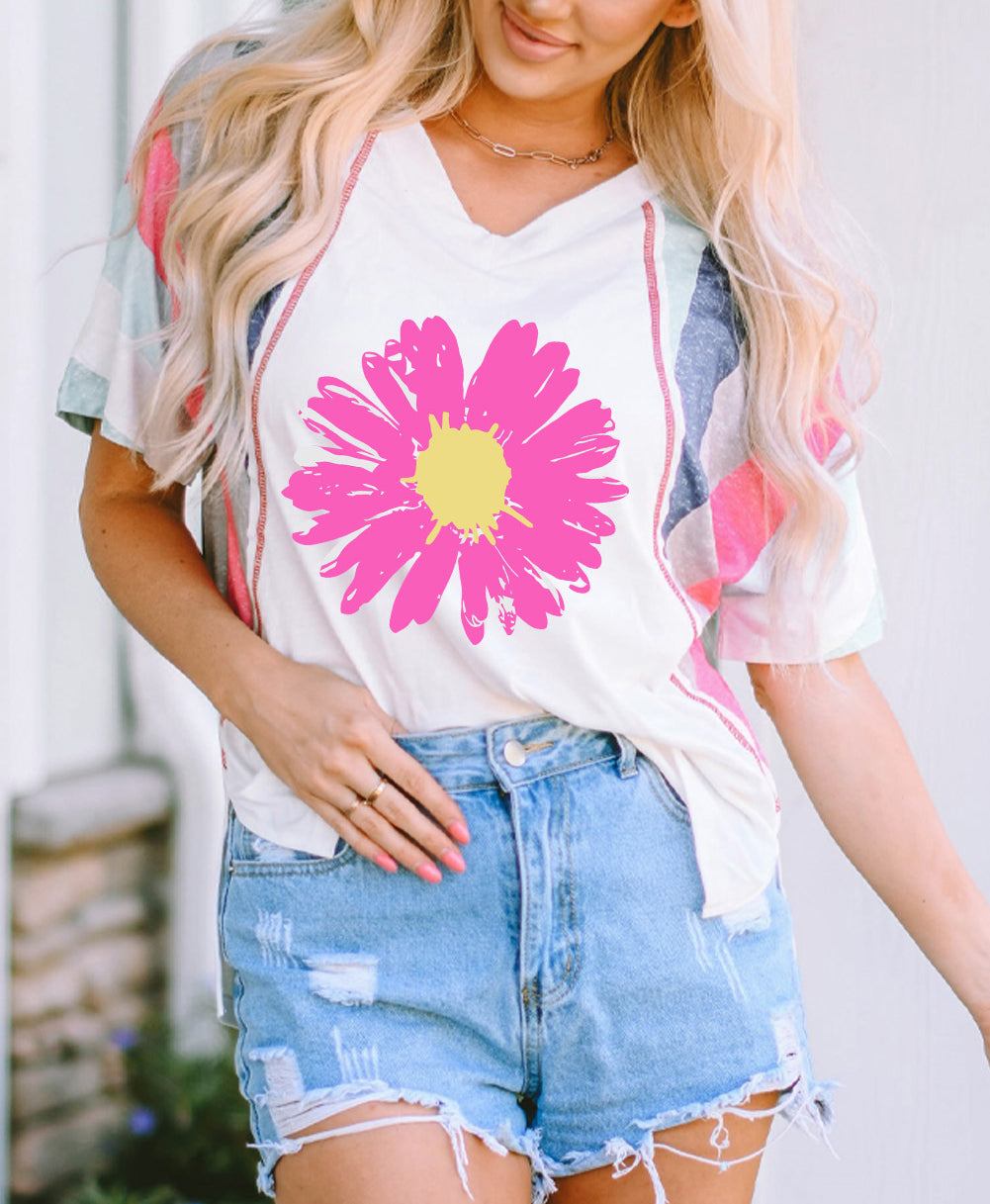Daisy Printed Striped Colorblock Sleeve V Neck T Shirt
