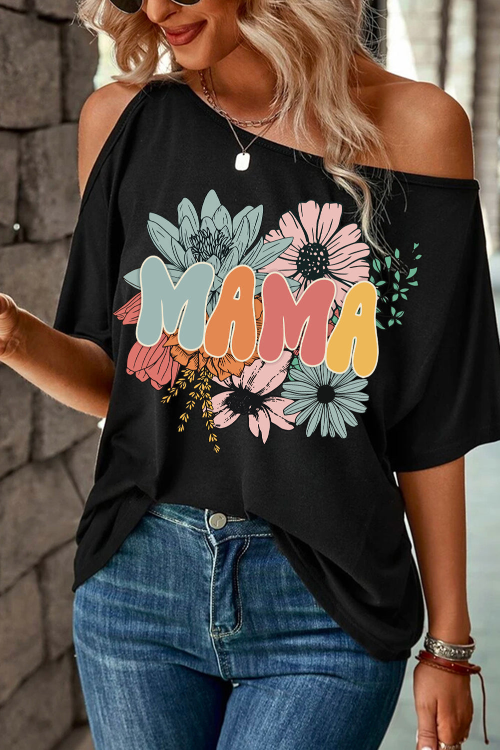 MAMA Flower Print Asymmetric Neck Casual T Shirt