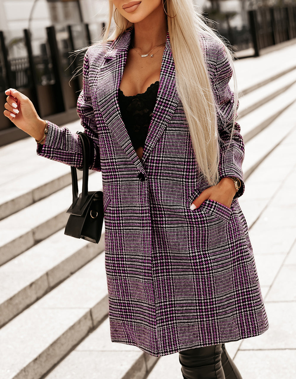 Plaid Lapel Collar One Button Midi Coat